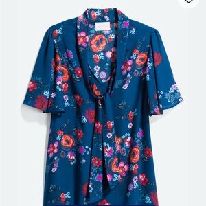 French Grey Navy Floral Blouse with Tie-Neck
